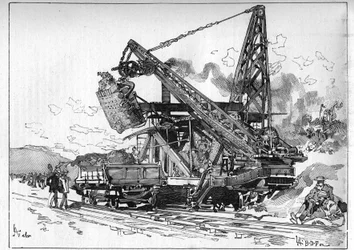 O Canal do Panamá funciona. Máquinas principais: Escavadora Osgood. Gravação em "Le Monde Illustré".