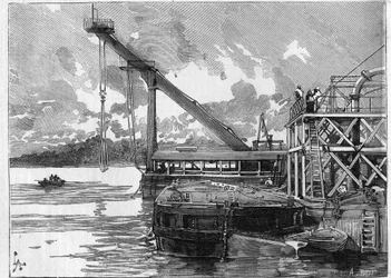 O Canal do Panamá funciona. Máquinas principais: o pontão Bigue. Gravura no "Le Monde Illustré".