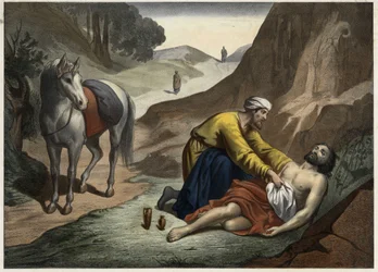 Parábola do bom samaritano - O samaritano parou no seu caminho para salvar o homem moribundo. Gravura anónima de meados do século XIX.