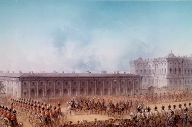 Desfile com Alexandre II em frente ao Palácio Anetchkoff, em São Petersburgo, em 1856. Ilustração de Carlos Magno (século 19) São Petersburgo. Chateau De Peterhof