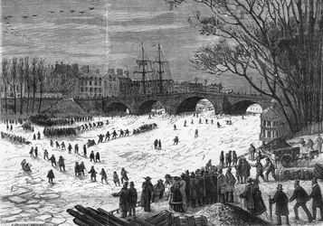 Paris Janeiro de 1868: La Seine apanhada pelo gelo no auge da Pont - Neuf.