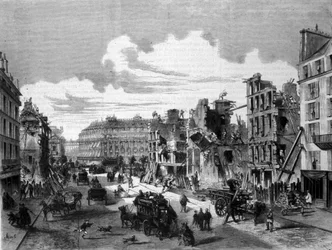 Paris, demolição rue de la Paix para a abertura da rue de Reaumur. 1868. Gravura do século XIX.