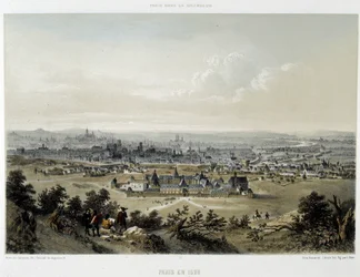 Paris em 1620, visão geral tirada do Butte Chaumont - litografia