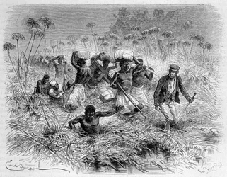 Passage of the Chisera by Livingstone and its Porters - "A última viagem de Livingstone 1866-1873" em "Volta ao Mundo", 2º semestre. 1875