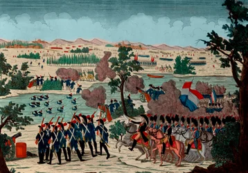 Passagem do Mincio em 11 Prairial ano IV (20 de Dezembro de 1800) pelos granadeiros franceses. Sob os olhos do Bonaparte General en Chefe - Gravura - 1800 - A Batalha de Pozzolo (também conhecida como a Batalha do Rio Mincio, e Monzambano) - A passagem do