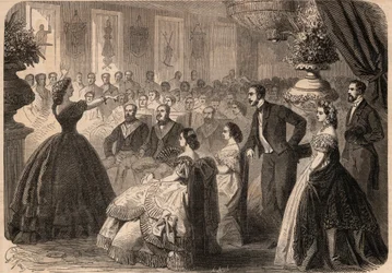 Pauline Viardot-Garcia (Viardot Garcia) (1821-1910), cantora francesa na festa de beneficência dada pela loja maçónica «La persévérante amitié» no Grand Orient de Paris. Gravura em «Le Monde Illustré» de 1862. Coleção particular.