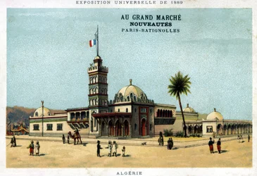 Pavilhão da Argélia durante a Exposição Mundial de 1889. Cartolina publicada pelo Grand Marché Novos produtos: Paris - Batignolles. Cromolitografia do século XIX.