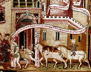 Pagamento da taxa de sal na entrada da cidade (gabelle) Miniatura do manuscrito (Sra. H V-5) "Codex de Privileges".