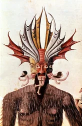 Representação de Lúcifer (diabo) na «Divina Comédia» de Dante. Manuscrito do século XIV. Biblioteca Trivulziana, Milão