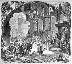 Performance de "Tannhauser" de Richard Wagner na Ópera de Paris em 1861. Cena final do segundo acto. Desenho Alfonso de Neuville.