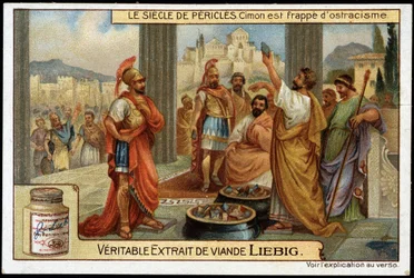 Século Péricles (495-429 AC): estadista e estratégia Cimon (510-449 AC) é atingido pelo ostracismo, em 461 AC - Cromolitografia de Liebig