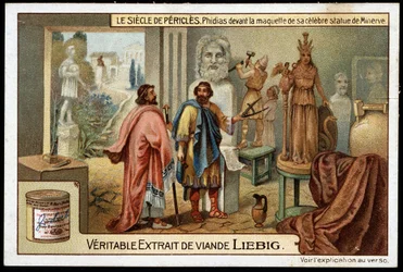 Século Pericles (495-429 AC): o escultor Phidias (490-430 AC) em frente ao modelo da sua famosa estátua de Minerva - Cromolitografia de Liebig