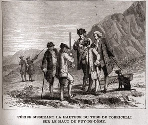 Perier medindo a altura do Barômetro (tubo de mercúrio) pela Evangelista Torricelli ou Toricelli no topo do Puy-de-Dôme em 20 de setembro de 1618, gravura do século XIX, coleção Bianchetti.