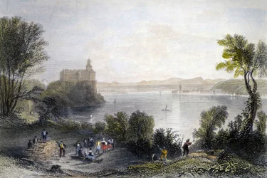 O Castelo de Persenberg, na Alemanha. Em primeiro plano, os carpinteiros a trabalhar. A gravura do século XIX.
