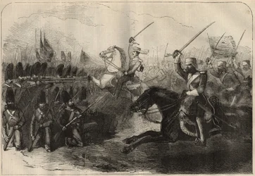 Guerra Anglo-Persa Persa (1856-1857): a carga da 3ª Cavalaria Britânica Indo comandada pelo Capitão Forbes durante a Batalha de Koosh-Ab (Koosh Ab, Kooshab) em 8 de fevereiro