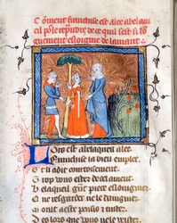 "Página iluminada do manuscrito "Le Roman de la Rose" de Guillaume de Lorris (ca. 1200-1238) e Jean de Meun (Meung) (1240-1305) ca. 1365 Biblioteca da Universidade de Chicago Estados Unidos