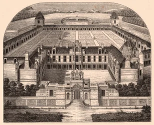 Vista em perspectiva do Chateau dAnet (Eure-et-Loir, França), era renascentista