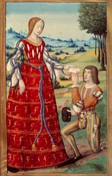 Phedre tende uma carta a um mensageiro miniatura de uma tradução de "L