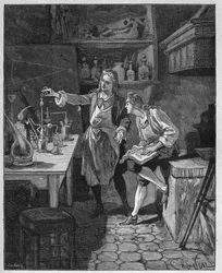Philip II Duque de Orleans (1674-1723) fazendo química com Humbert. Gravura do século XIX. Em "Histoire de France" de Jules Michelet