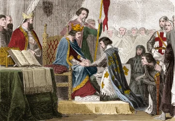 Philip IV the Bel (1268 - 1314), Rei de França deu a sua filha Isabelle de França (1295-1358) em 1308 em casamento com o filho do Rei Eduardo II de Inglaterra (1284-1327), gravada em "Histoire De France En Cent Paintings by Paul Lehugeur "1891.