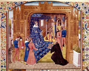 Pierre de Bressuire oferece seu livro a João II o Bom na ilha do Cite em Paris Miniatura de "Histoire romaine" (Ad urbe condita) de Titus Live (59 AC-17 AD) (Titus Livius), traduzido por Pierre Bressuire (ms. 310) 1450-1500 Chantilly, musa