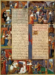 Cena da tarte: "Rei Luís IX (1214-1270) (Saint Louis) lavando os pés dos pobres, o rei orando e cenas de caridade cristã do rei" Miniatura de um manuscrito "O Livro de Fatos de Monsenhor Saint Louis" do século XV. Paris, B.N