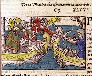 A pirataria foi praticada por muitas mulheres nobres escandinavas. Gravura da "Historia de gentium septentrionalium" de Olaus Magnus, Veneza 1567.