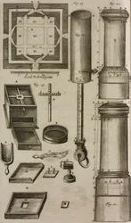 Plano de um barril de pólvora e ferramentas para a preparação e armazenamento de pólvora, gravura de Grand Art d
