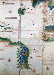 Planisfério de Cantino: mapa de Alberto Cantino de 1502 que representa a linha de demarcação imposta pelo Tratado de Tordesilhas (1494) entre a América portuguesa e a espanhola. Biblioteca Estense, Modena
