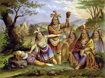 A Pocahontas salvou o Capitão John Smith. Cromolitografia por volta de 1870.