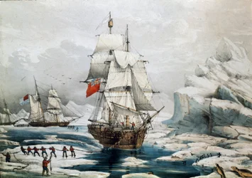 Expedição Polar no Ártico: navios ingleses e americanos presos no gelo (estampa do século XIX)