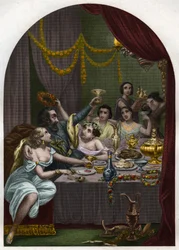 Papa Alexandre VI (1431-1503) (Alessandro, Rodrigo Borgia): Rodrigo Borgia celebra o casamento da sua filha Lucrezia Borgia com 50 cortesãs no Vaticano. Gravura de 1842 em «Histoire des popes: crimes, murders, poisonings, parricides, adulteres, incest...»