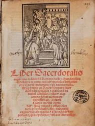 O Papa Leão X recebe o livro Frontispício do livro litúrgico "Liber Sacerdotalis" de Castellini