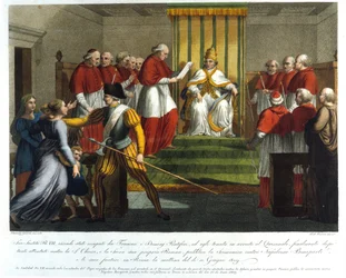 O Papa Pio VII (1742 - 1823) excomungou Napoleão Bonaparte em 10 de junho de 1809. Gravura do século XIX.