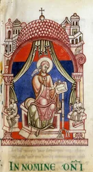 Papa São Gregório I, o Grande (540-604) rodeado por dois secretários. Ele está escrito com uma pomba sobre o ombro, símbolo do Espírito Santo (Espírito Santo). Miniatura das cartas de S. Gregório