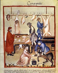 Produção de carne de porco. O porco é abatido e os açougueiros cortam as peças. Iluminação a partir da ordenha de medicamentos e dietética "Tacuinum sanitatis".