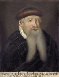 Portrait de Johannes Gensfleisch dit Gutenberg (1394/99-1468), imprimeur allemand (Retrato de Johannes Gutenberg) - peinture anonyme du 17eme siecle - Biblioteca da Universidade de Keio