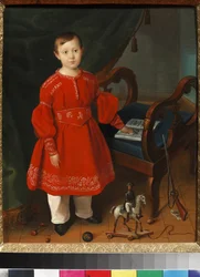 ""Retrato de um menino de vestido vermelho posando entre seus brinquedos e um livro do alfabeto"" (Retrato de um menino de vestido vermelho com brinquedos e um livro do alfabeto) Pintura anônima por volta de 1840 Museu de arte e brinquedos pedagógicos, Ser