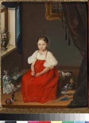 "Portrait de petite fille en robe rouge posant parmi ses jouets" (Retrato de uma menina num sarafan vermelho com brinquedos) Peinture anonyme vers 1840 Museu de arte e de brinquedos pedagógicos, Sergiyev Posad