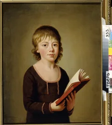 Retrato do Conde Pyotr Alekseyevich Galitzin (Golitsyn) (Retrato do Conde Pyotr Alexeyevich Golitsyn). Jovem adolescente segurando um livro aberto nas suas mãos. Pintura anónima, óleo sobre tela, início do século XIX. Galeria Regional de Arte, Tver (Rússia