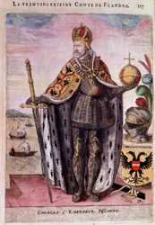 Retrato no pé de Carlos V (1500-1558) na contagem de trinta segundos da Gravura Flamenga do século XVI Paris, B.N.