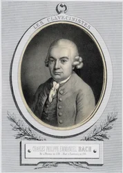 Retrato em medalhão de Charles Philippe Emmanuel Bach (1714-1788), filho de Jean Sebastien Bach, n.d. 19 s.