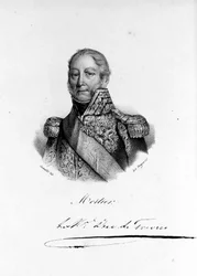 Retrato de Adolphe Edouard Casimir Joseph Mortier, Duque de Treviso, marechal e político francês (1768 - 1835). Gravura do século XIX.