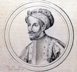 Retrato de Amedee V de Savoie dit Le Grand (1249 - 1324) (Amedeo VI di Savoia detto il Grande) em "Genealogique Histoire de la royale maison de savoye" de Samuel Guichenou, Lyon 1660.