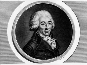 Retrato do depoimento de Armand Gensonne (1758 - 1793) da convenção. Gravura em "Colecção completa de pinturas históricas da revolução francesa, em três volumes". 1804.