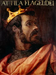 Retrato de Átila (395-453) Rei dos Hunos. Pintura anónima do século XVII da "Raccolta Gioviana" Firenze Galleria degli Uffizi.