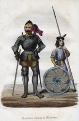 Retrato de Baldwin I, Conde de Flanders (830s-879), também conhecido como Baldwin Iron Arm. (Baudouin I, Conde de Flandres, também conhecido como o Brasão de Ferro ou o Bem). Gravura de 1842 em "Histoire des popes", de Maurice Lachatre. Coleção privada.