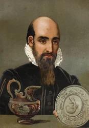 Retrato de Bernard Palissy (1510 - 1589). Cromolitografia do final do século XIX. baseada em "La Ciencia y sus Hombres" de Louis Figuier. Barcelona 1881