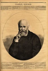 Retrato de Charles Gounod (1818-1893), compositor francês, conhecido pelas suas óperas (Fausto em 1859, Romeu e Juliette em 1867), compôs também sinfonias e numerosas melodias para os poemas de Alfred de Musset (1810-1857) e Victor Hugo (1802-1885). Engr