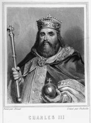 Retrato de Carlos III (839 - 888), Imperador do Ocidente (881 - 887) e Regente da França (884 - 887) - em “Histoire des Français” de Lavallée, gravura, sd.
